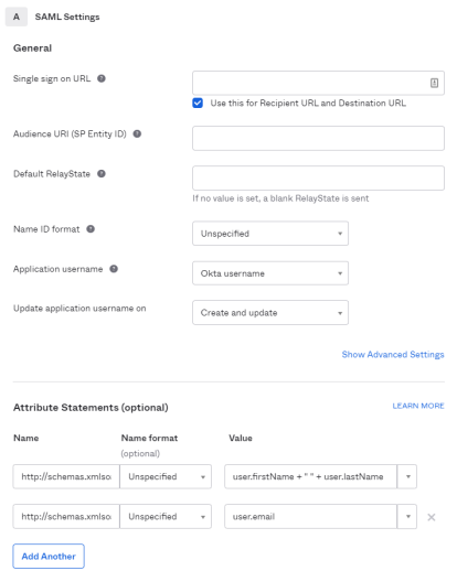 An example of SAML configuration settings.